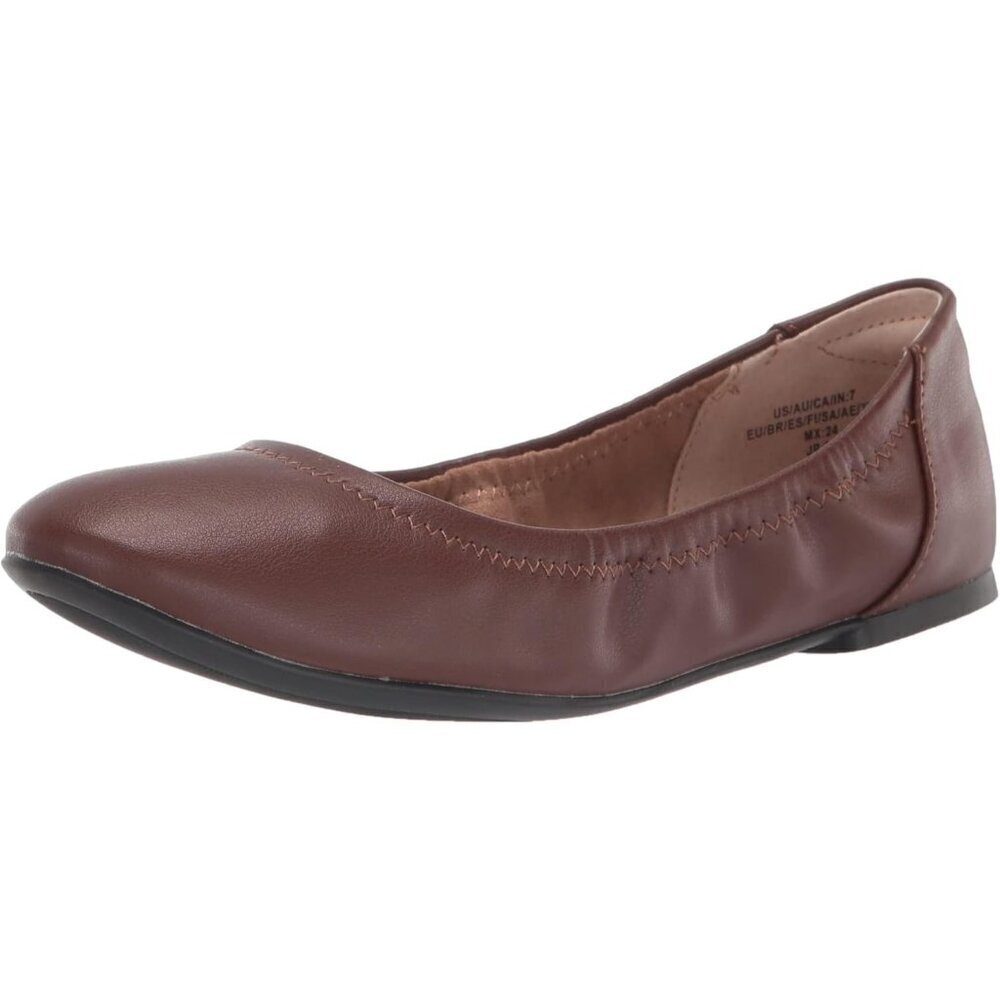 Womens Brown Closed Rounded Toe Slip On Low Wedge Heel Belice Ballet Flat Shoes